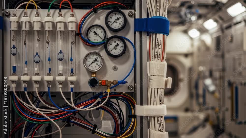 Poster detailed instrumentation panel with flow meters and pressure gauges installed on a microgravity flui