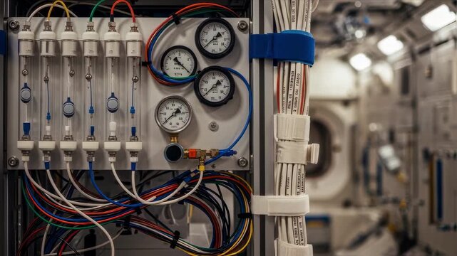 Detailed instrumentation panel with flow meters and pressure gauges installed on a microgravity fluids experiment rack during system verification.
