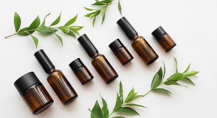 Obraz premium Amber glass dropper bottles with green leaves for natural aromatherapy.