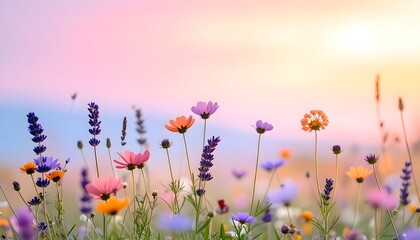 Pradera de flores silvestres multicolor bajo cielo pastel al atardecer