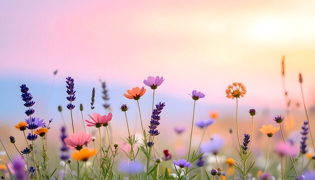 Pradera de flores silvestres multicolor bajo cielo pastel al atardecer