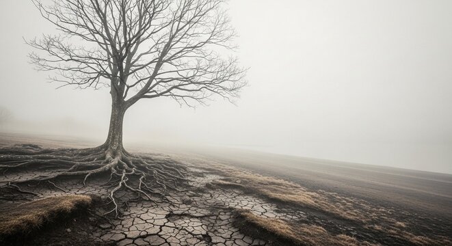 Bare tree with exposed roots on dry cracked earth in fog. - Powered by Adobe