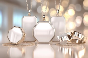 Elegant gold pendants and rings, a luxurious jewelry display with bokeh.