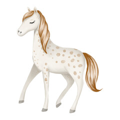 White horse with beige spots drawn in soft watercolor style. Perfect for children’s books, nursery decor, prints, and educational projects.