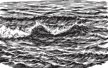 Monochromatic Ocean Waves: A Woodcut-Inspired Seascape Depiction
