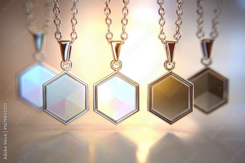 Poster array of five sparkling hexagonal crystal pendants on silver chains, reflecting light beautifully wi