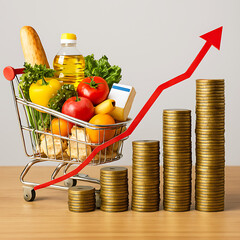 Grocery Shopping Cart With Upward Trend Arrow And Stacked Coins food produce isolated on a transparent background