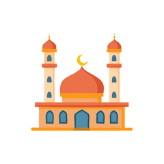 Naklejka premium Illustration of an orange Mosque with minarets and a crescent moon. Islamic building. Religious architecture for Muslim worship. Cartoon style