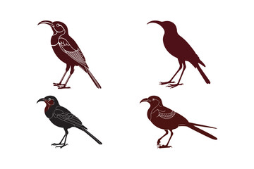 Four stylized illustrations of brown and black birds