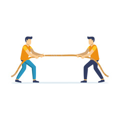 Two men pulling a rope, engaged in a tug of war, competition, or teamwork struggle.