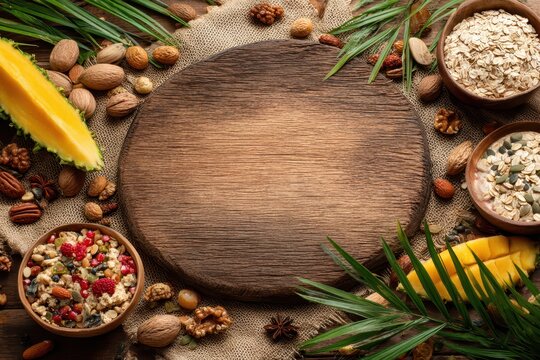 Rustic board, healthy breakfast ingredients, nuts, oats, and vibrant fruit slices.