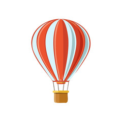 Naklejka premium Colorful hot air balloon with orange and white stripes and a brown basket for flight