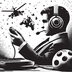Obraz premium A Retro Gamer Immersed in a Virtual World with Controller, Helicopter, and Headset in Black and