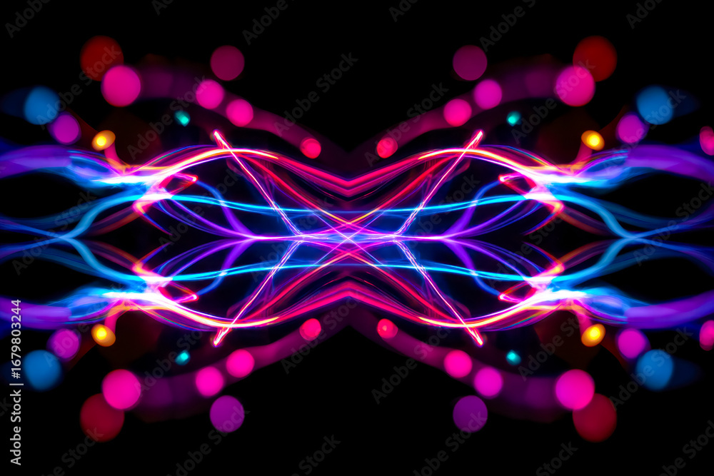 Poster vibrant neon light trails creating symmetrical abstract patterns against a dark background