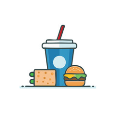 Fast food meal combo with hamburger sandwich and soda drink flat icon illustration