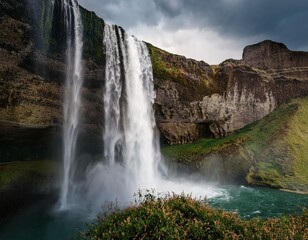 Fototapeta premium thundering cascade of water at natural falls majestic waterfall in dramatic overcast weather