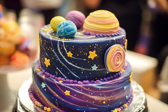 Cartoon galaxy cake with swirling star patterns and animated planet toppers