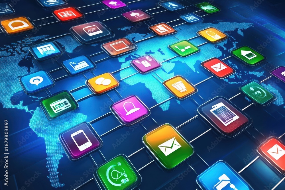 Aufkleber digital network connections displayed through colorful application icons on a global map highlightin