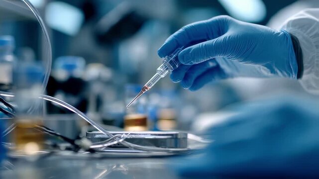 Scientist adjusting infusion catheter during CRISPR baseediting therapy on a rodent model main action crisp and centered laboratory background subtly blurred.