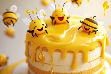 Cartoon honey cake with bee characters and honey drizzle smiles, sunny vibe