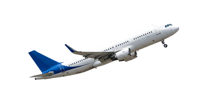 White passenger jet airplane ascending isolated on transparent background