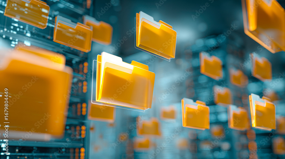 Poster digital data storage and file organization concept with floating folders