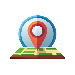 Digital map with a location pin and circular pointer on a street grid