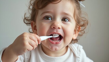 Toddler smiling while brushing teeth indoors with a toothbrush  