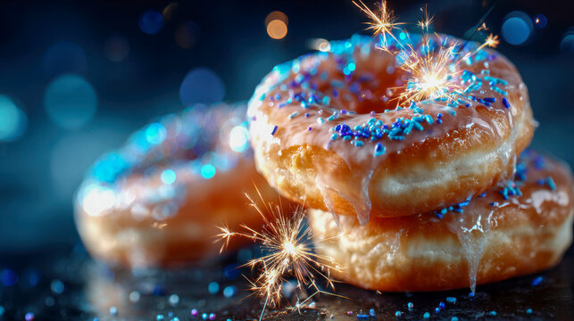 Close-up of glazed donuts with blue sprinkles, glowing sparklers, and dramatic lighting for a celebratory mood