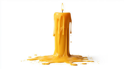 A melting tall yellow candle with soft dripping wax and a glowing flame, isolated on a clean white background.
