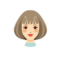 Cartoon portrait of a young woman with short brown hair, rosy cheeks, and a bright red lipstick smile.