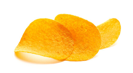 Potato chips with paprika flavor isolated on white background, side view