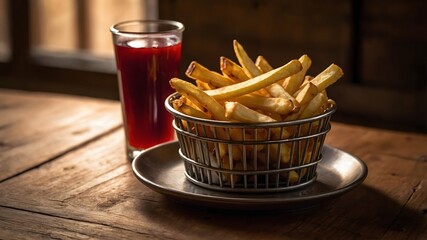 Cesta de patatas fritas crujientes con vaso de refresco sobre mesa rústica