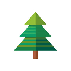 Minimalist green pine tree illustration featuring layered geometric shapes and a brown trunk