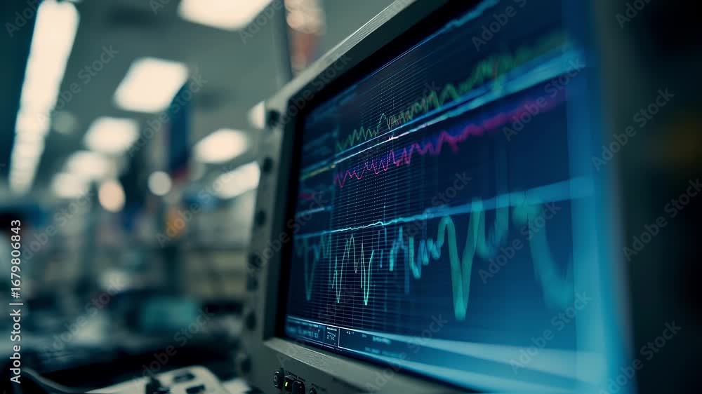 Poster medium shot featuring detailed oscilloscope waveform controls in sharp focus with blurred technician