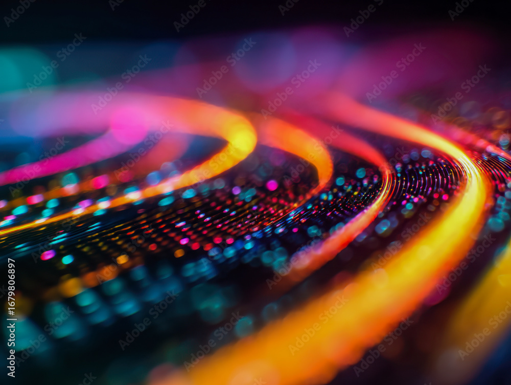 Poster vibrant colorful glowing neon lights forming dynamic curved lines over a blurry futuristic circuit b