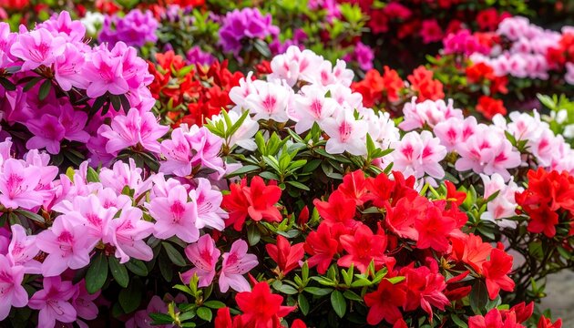 Vibrant display of colorful azaleas in a lush garden setting.