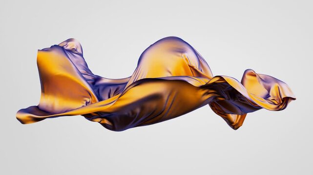 3d animation. Abstract minimalist fashion concept. Holographic cloth waving, isolated on a white background. Metallic foil film is floating in the air