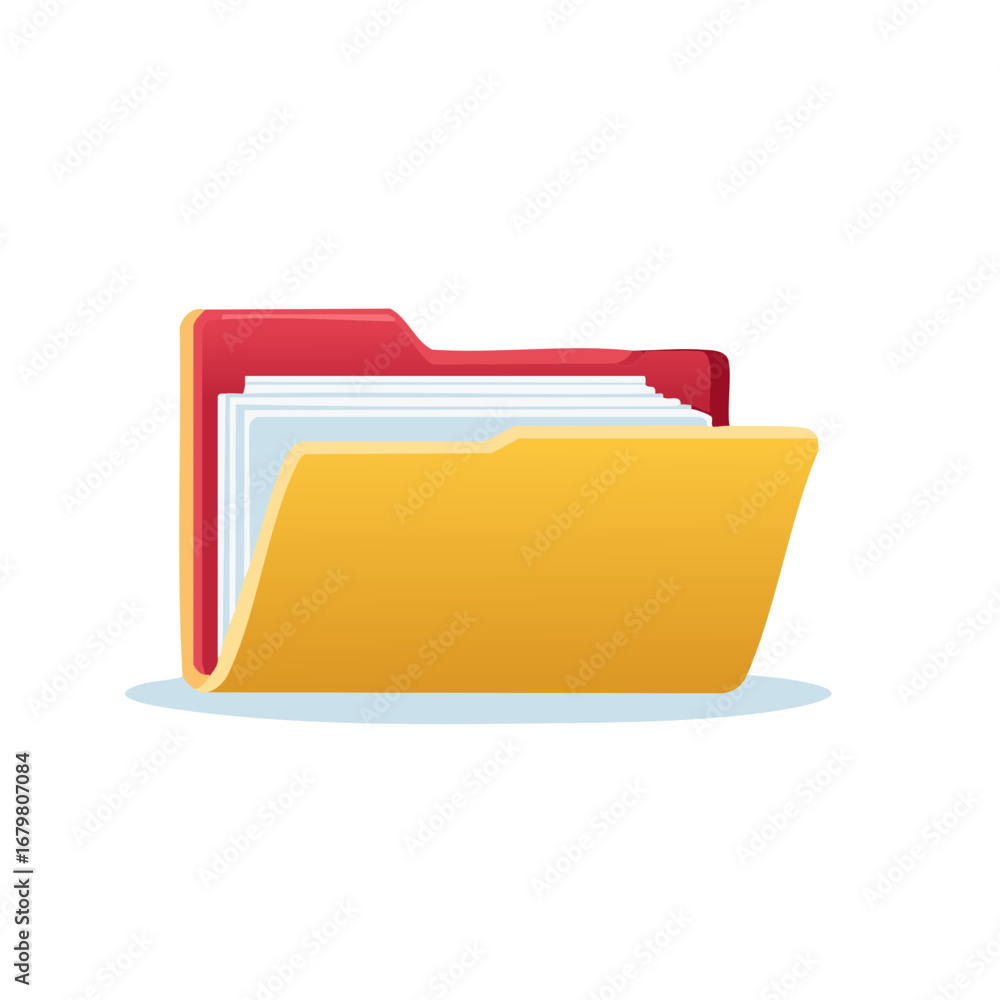 Aufkleber yellow and red open folder with white papers inside icon or logo for websites and applications