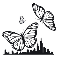 Butterfly wings glowing in glowing city silhouette