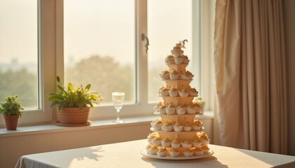 Wedding cupcake tower on table by the window in soft light  