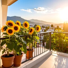 Balcony with Sunflowers and Mountain View at Sunset.