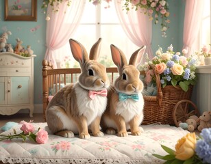 Two bunnies in a pastel-toned nursery