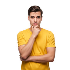 Thoughtful man in yellow t-shirt pondering with hand on chin in studio portrait transparent background