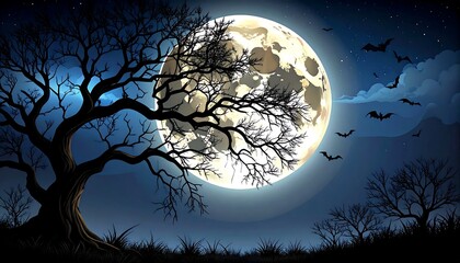 Naklejka premium A spooky night scene with a full moon