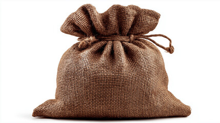 A brown sack made of coarse fabric, isolated on a clean white background.
