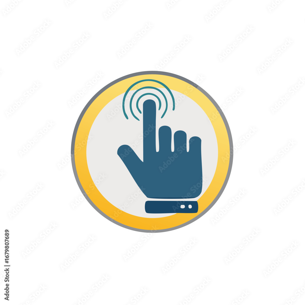Poster vector icon of a hand tapping a touch screen button with a click effect for ui design