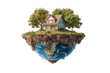 Photorealistic Floating Earth House on Isolated Soil Island