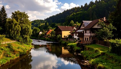 Fototapeta premium Picturesque river flowing through a village nestled in a lush valley under a partly cloudy sky