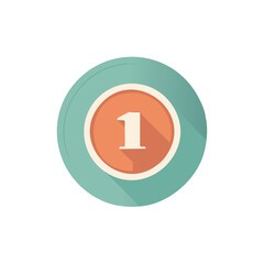 Vivid flat design number one circle icon with long shadow representing first and priority